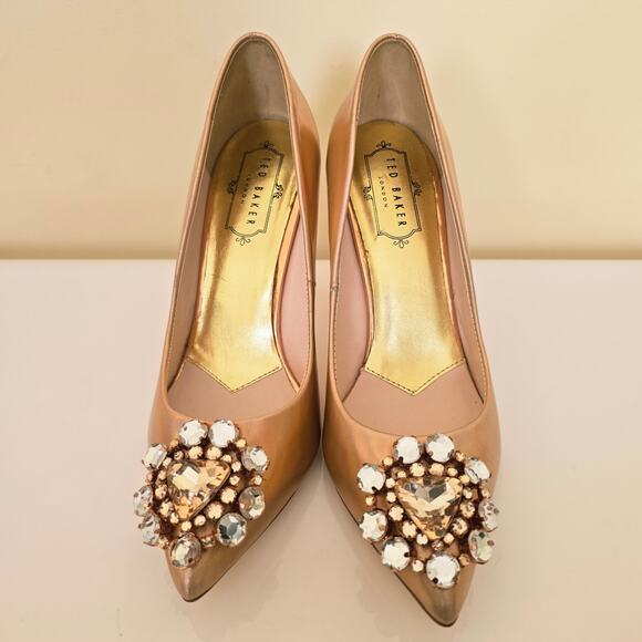 Ted Baker Pink Gold Iridescent Leather Heels Rhinestones Women's Size EU 37 6.5 - Picture 6 of 10